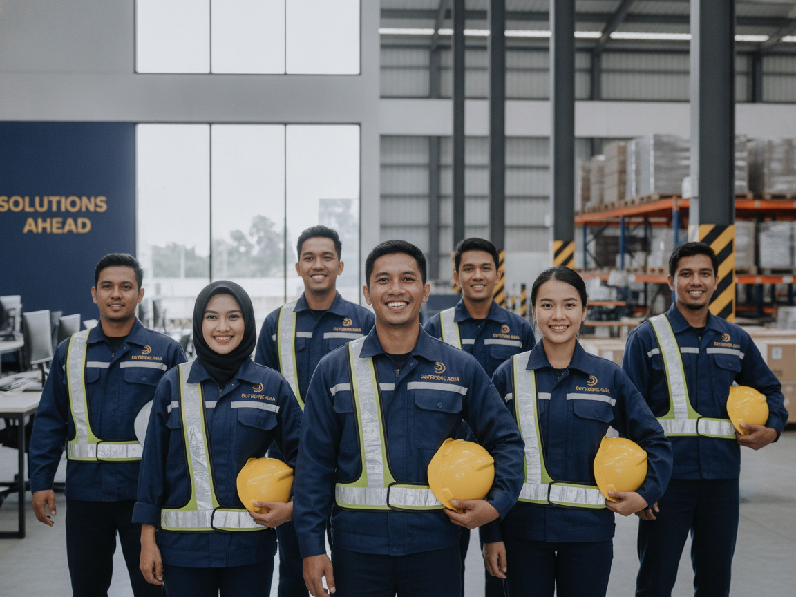 Tim pegawai outsourcing bekerja di lingkungan kantor dan gudang